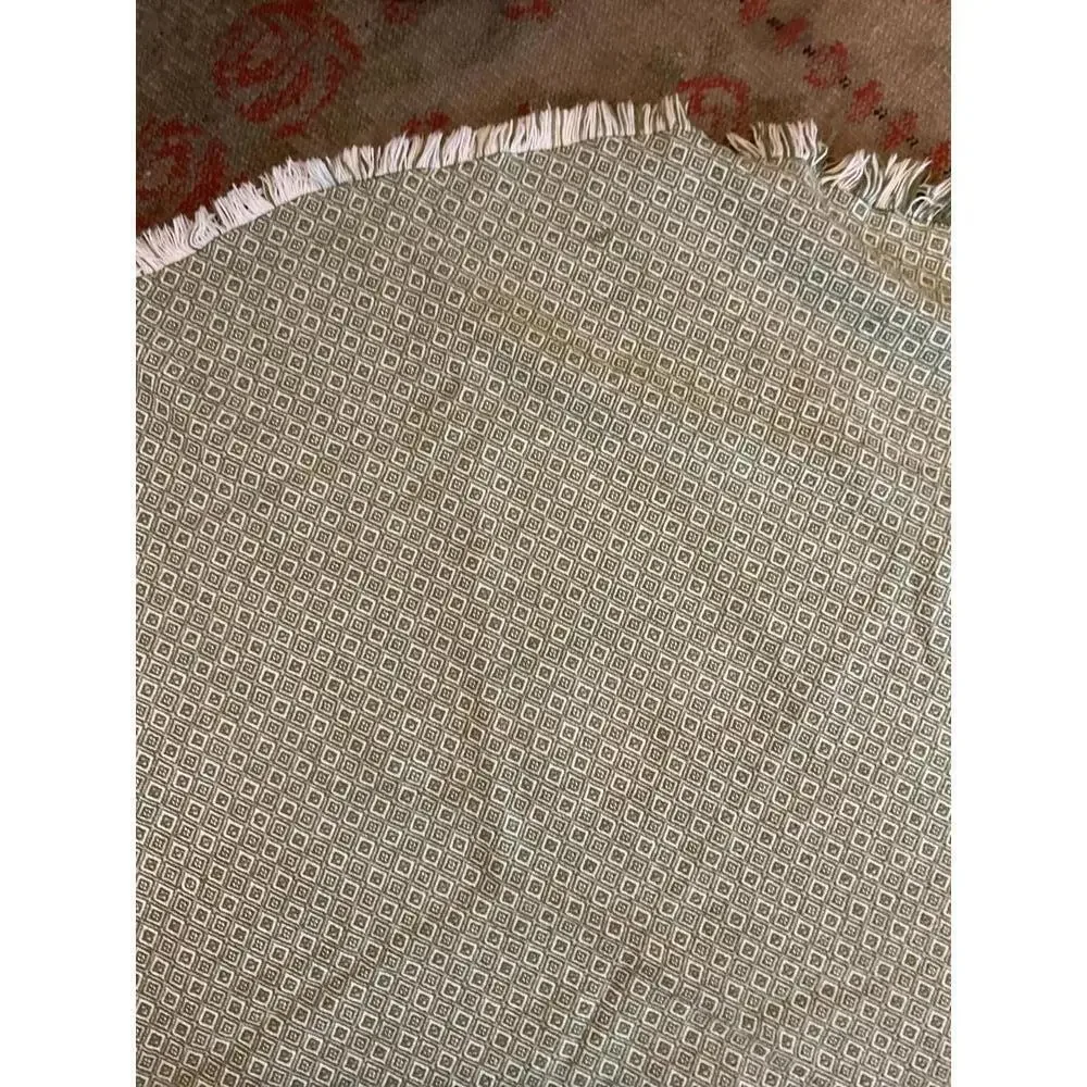 Round Green Woven Country  Colonial Geometric Patterned Tablecloth with Fringe